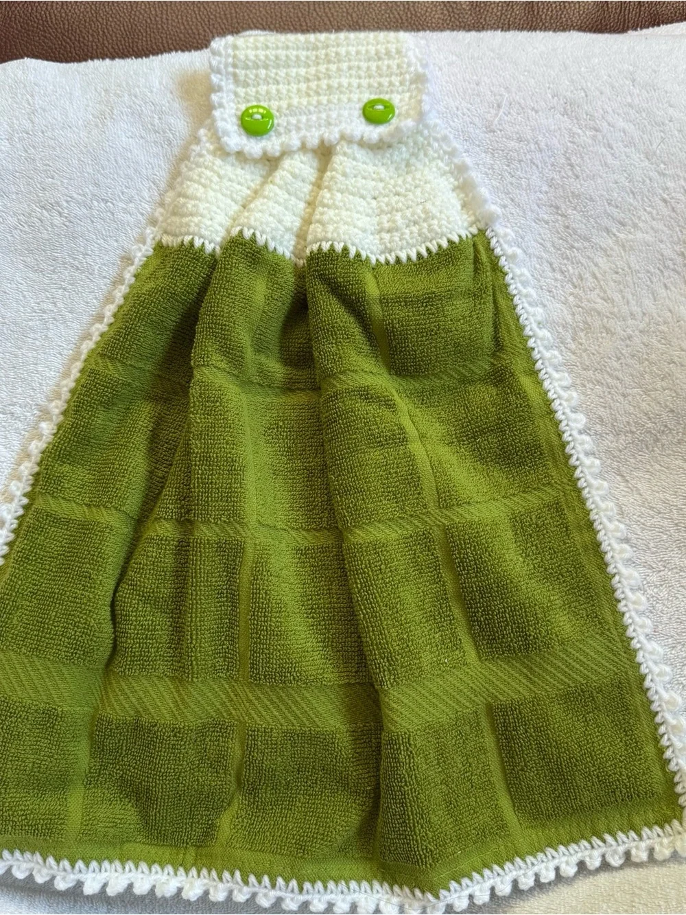 Handmade Chartreuse Olive Green Crochet Hanging Kitchen Towel